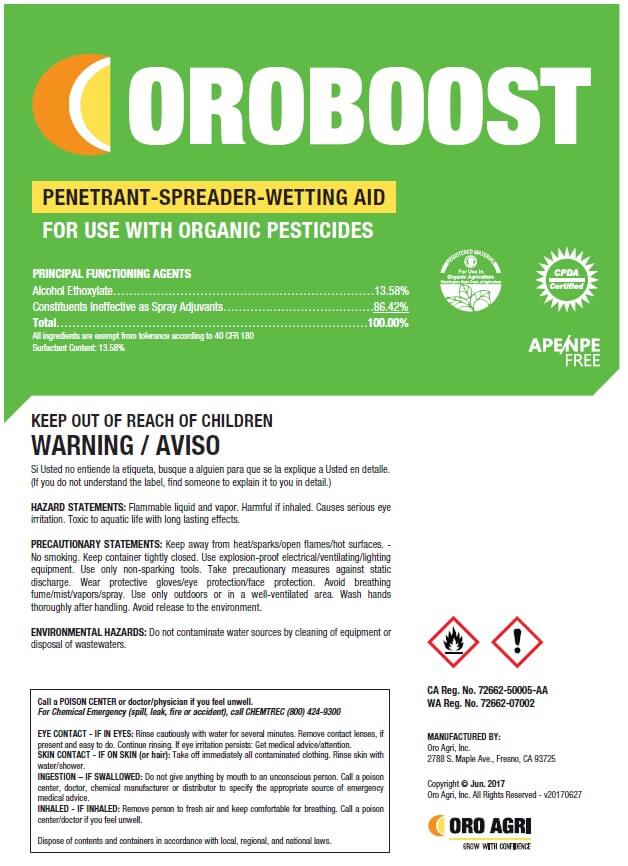 Oro Agri Oroboost penetrant spreader wetting aid front label