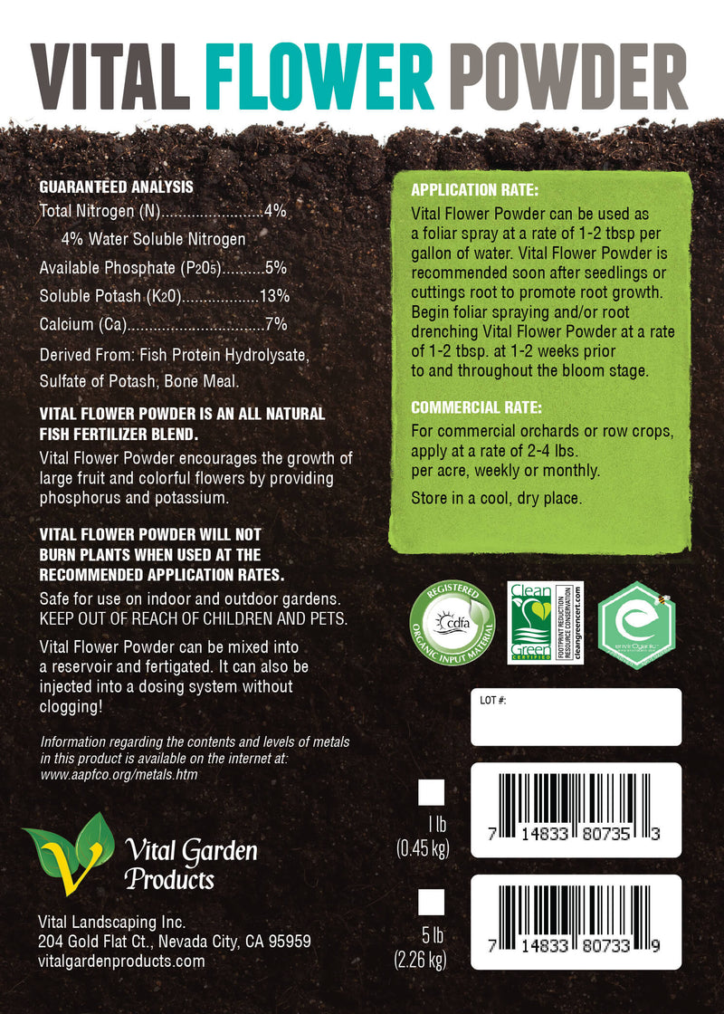 Vital Garden Products Vital Flower powder 4-5-13 back Label