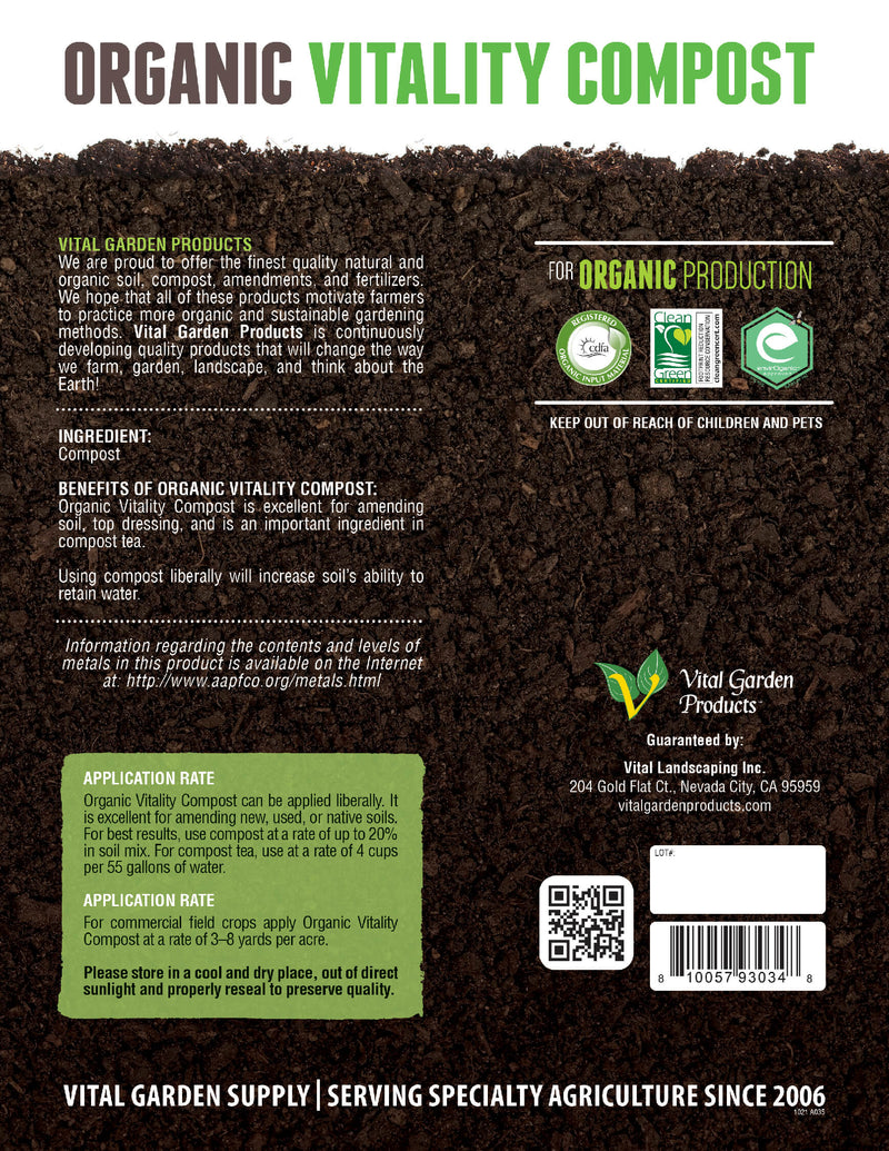 Vital Garden Products Organic Vitality Compost back label