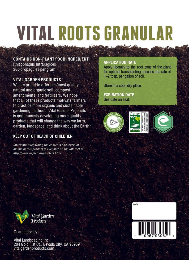 Vital Garden Products Vital Roots Granular Mycorrhizal Inoculant back labe