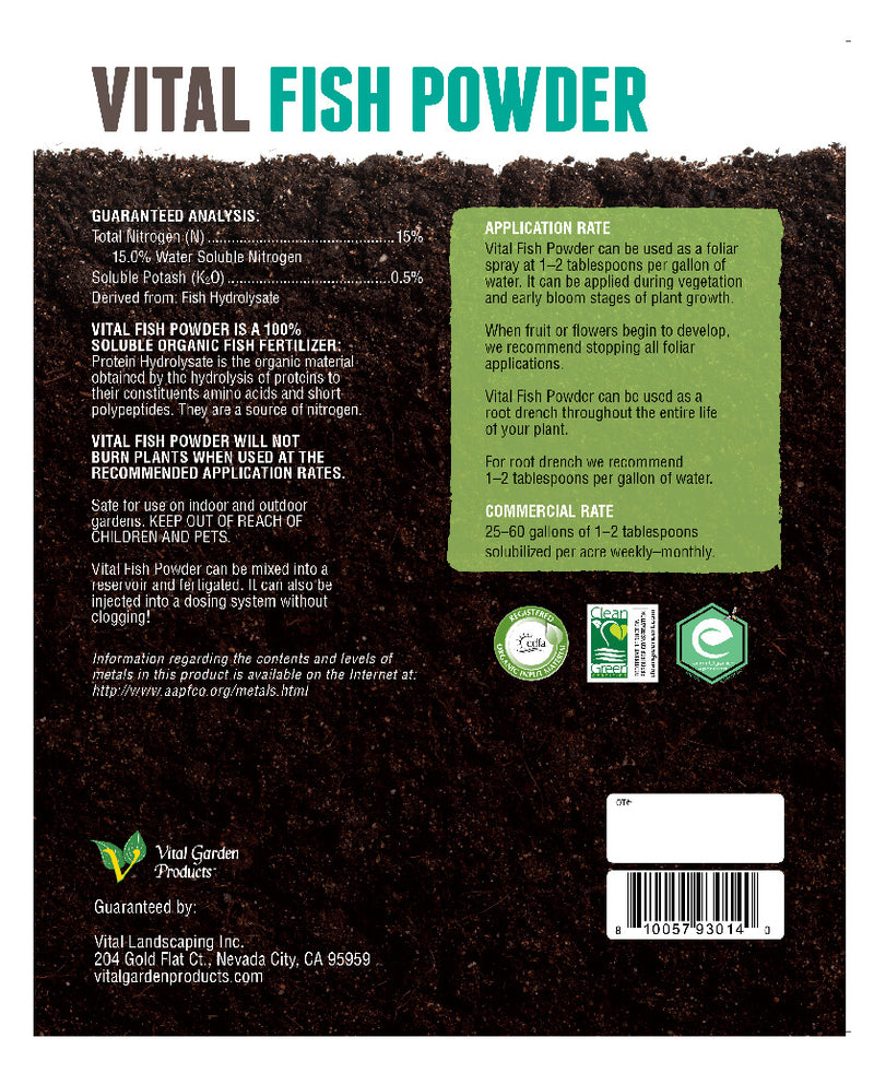 Vital Garden Products Vital Fish Pwder 15-0-0.5 back label