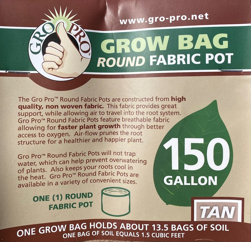 Gro-Pro fabric pot Tan 150 gallon label