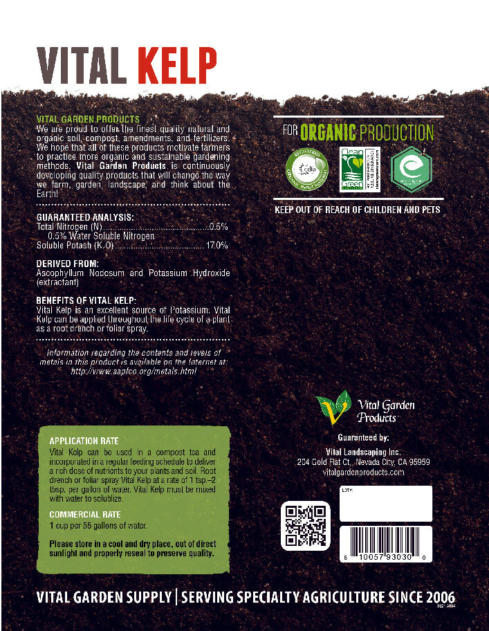 Vital Garden Products Vital Kelp 0.5-0-17 back label