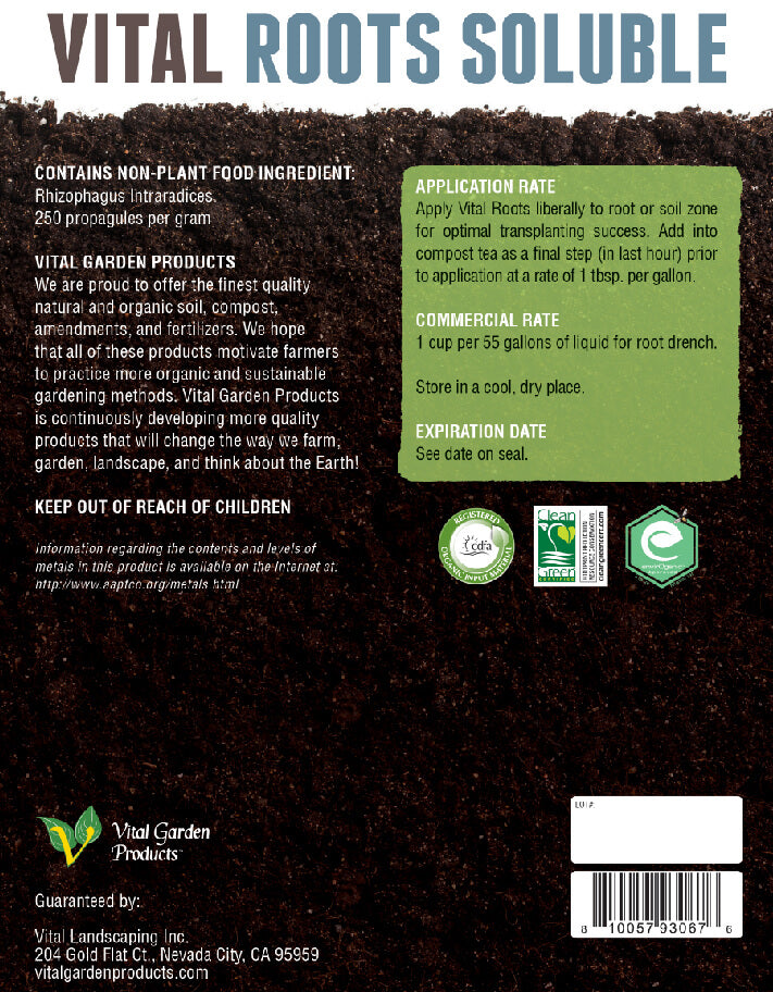 Vital Garden Products Vital Roots Soluble Mycorrhizal Inoculant back label
