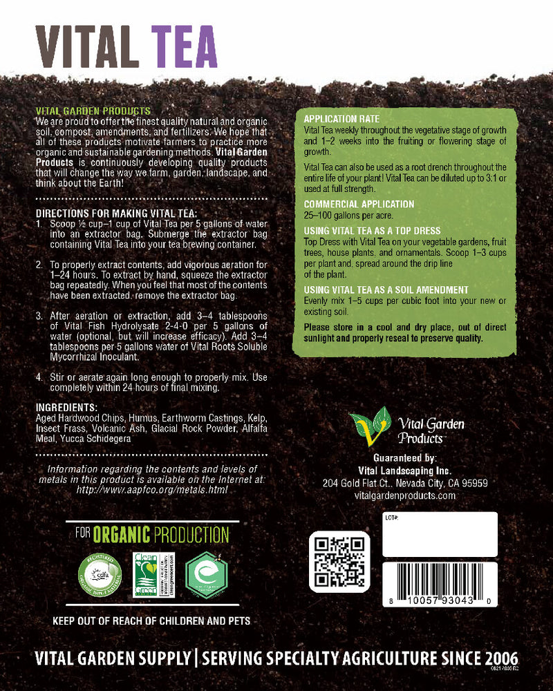 Vital Garden Products Vital Tea Dry Compost Tea Concentrate back label