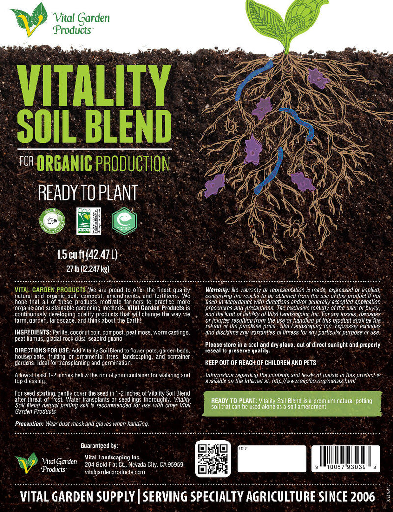 Vital Garden Products Vitality Soil Blend front label