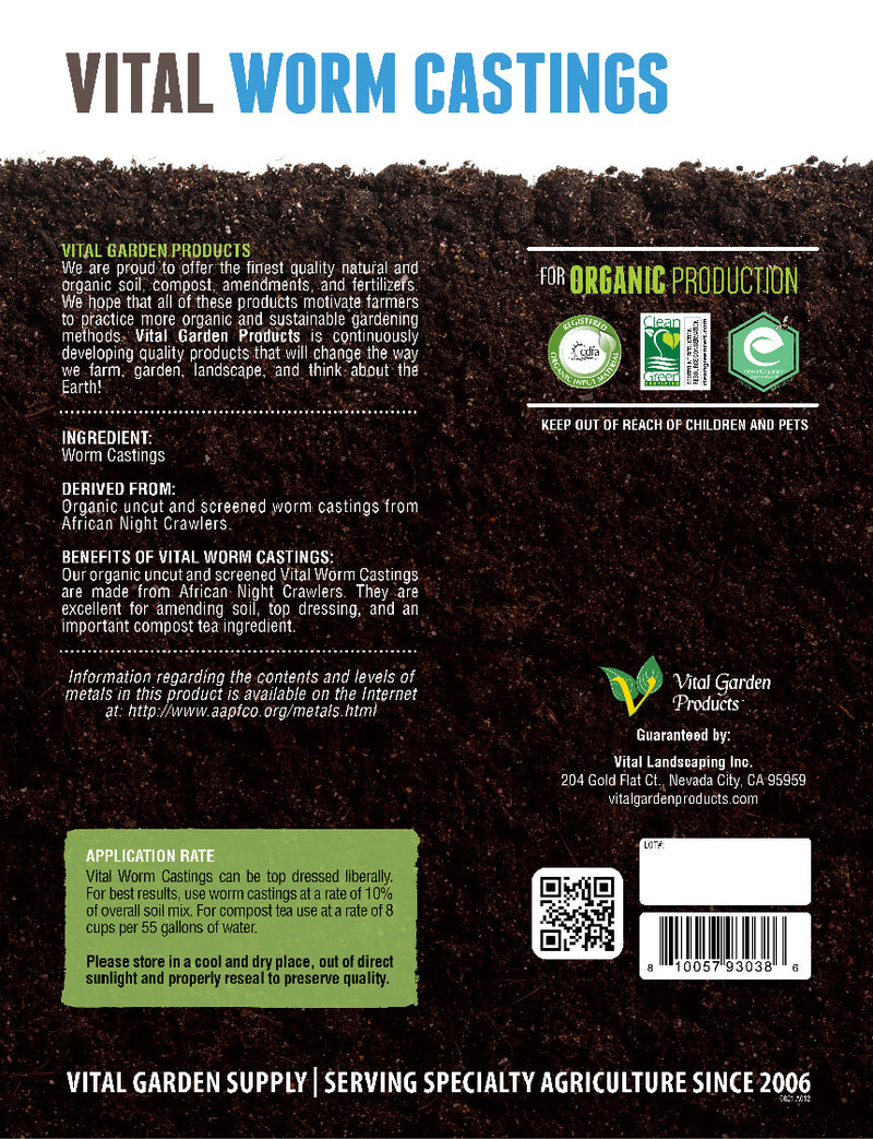 Vital Garden Products Vital Worm 100% worm castings back label